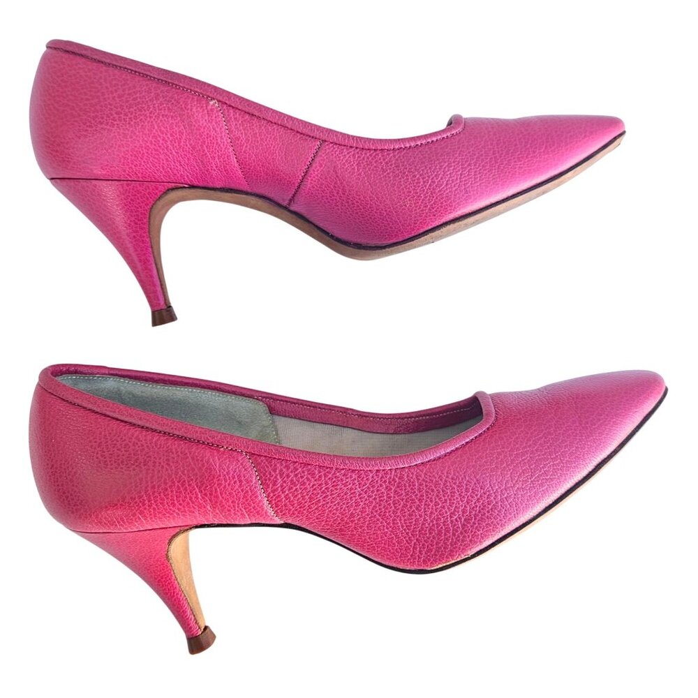 Vintage 50s Pink Leather Kitten Heel Pumps Sz 5B Rhodes Mr. Neal - Picture 2 of 16